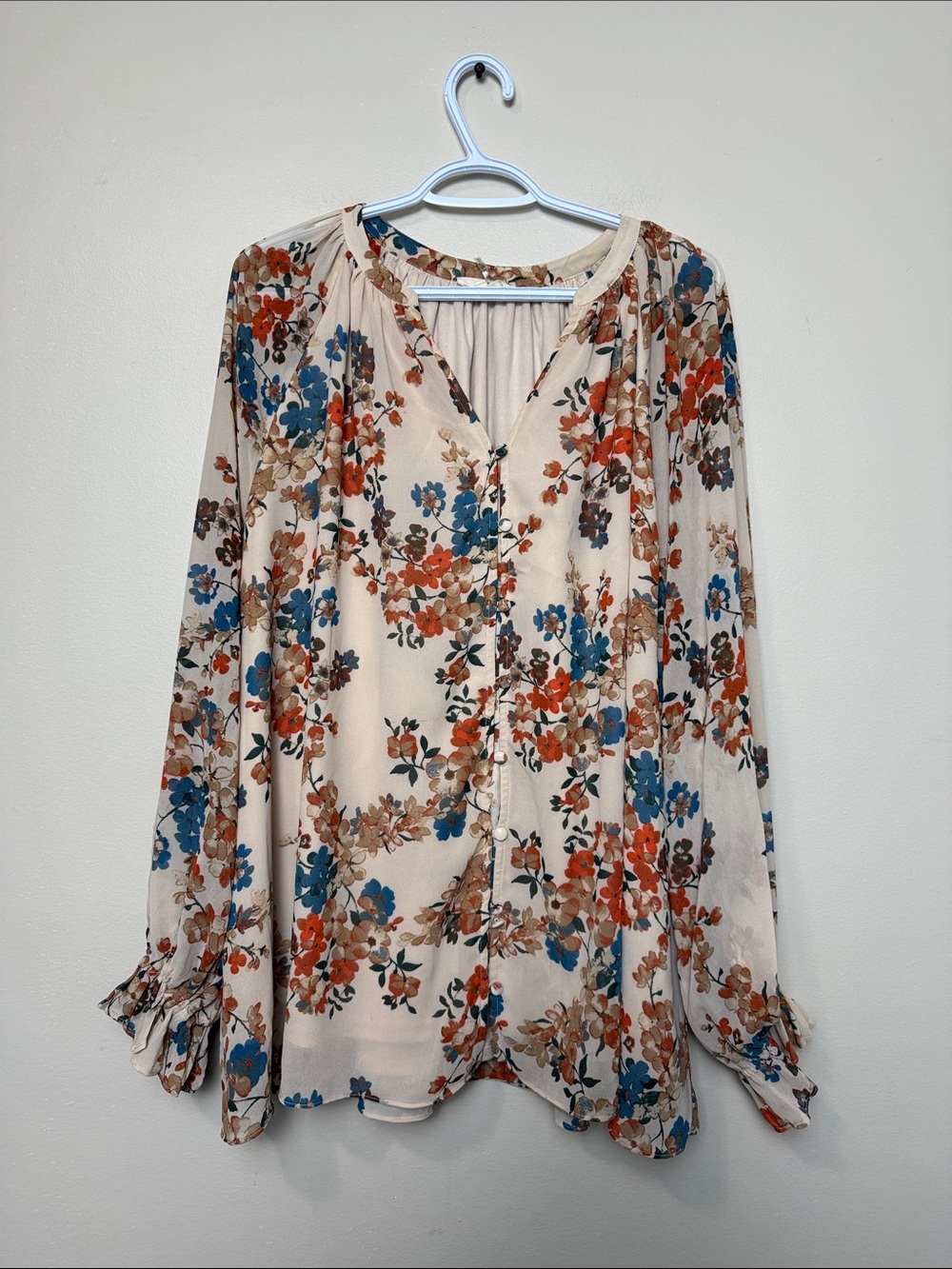 entro Floral V-Neck Long Sleeve Lined Blouse - Flowers size XL